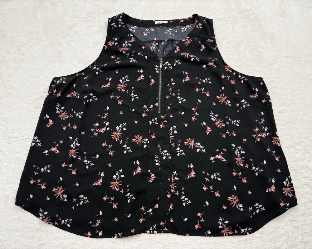 Maurices Blouse Women’s Plus Sz 4 Black Floral Sleeveless Zipper V-Neck Tank Top